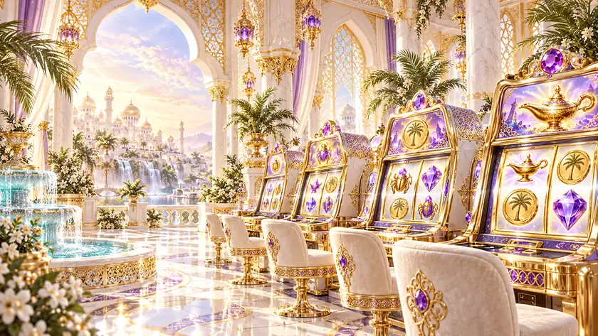 Golden Genie Casino slot hall with gem and lamp reels