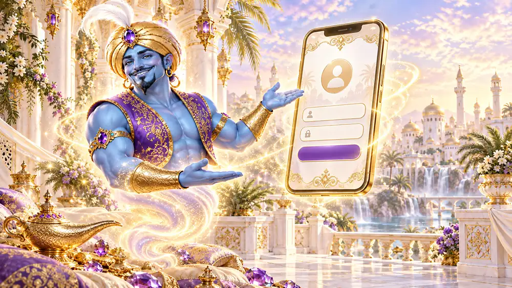 The genie presenting the Golden Genie login screen on a phone