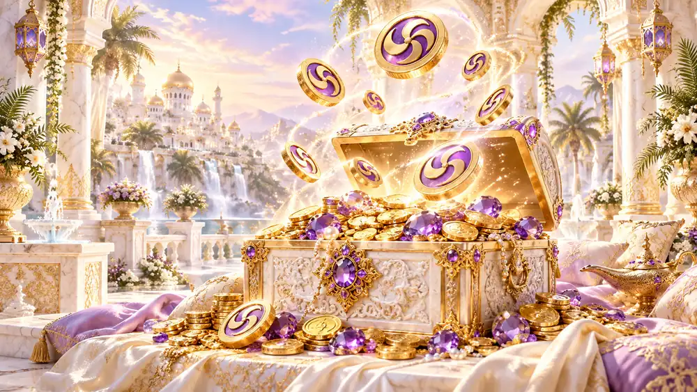Treasure chest of coins and amethysts for the Golden Genie welcome package