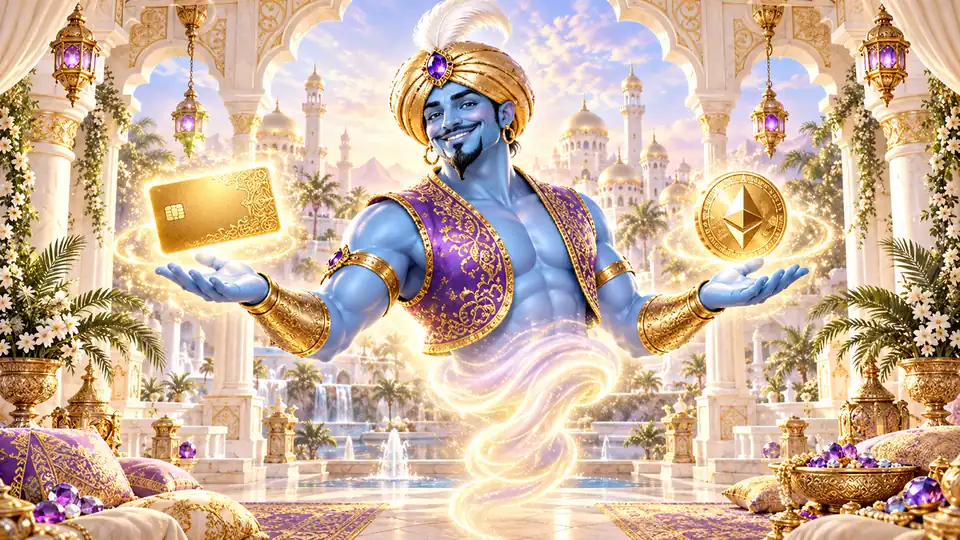 The genie holding a bank card and an Ethereum coin