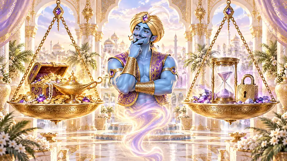 The genie weighing treasure against an hourglass and padlock on golden scales